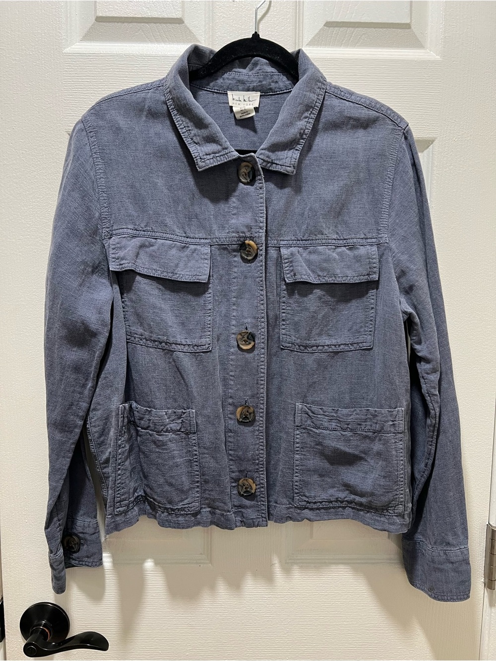 Nicole Miller Linen Blend Button Front Jacket Blue | Size XL Lightweight Utility